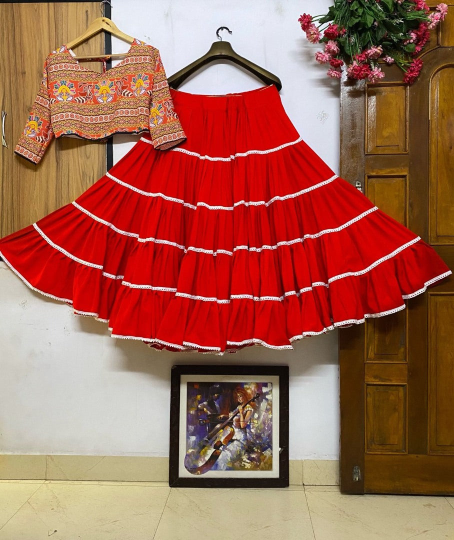 Red butter silk heavy flair crop top lehenga for navratri