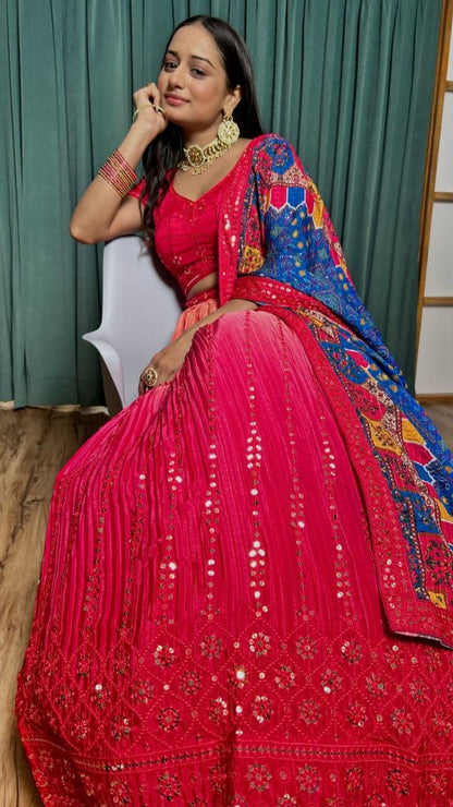 Red chinon silk lehenga ceremonial choli