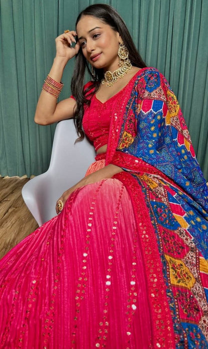 Red chinon silk lehenga ceremonial choli