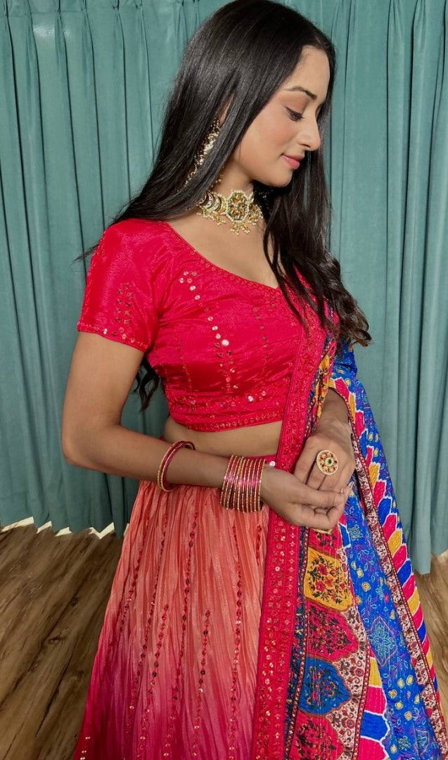 Red chinon silk lehenga ceremonial choli