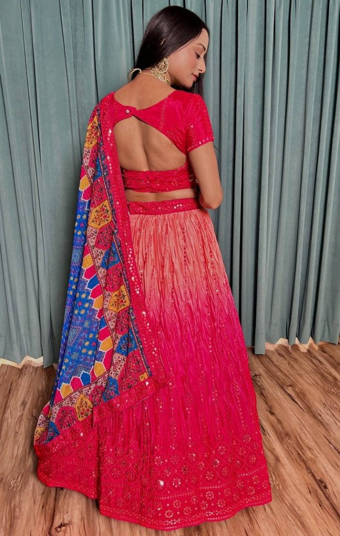 Red chinon silk lehenga ceremonial choli