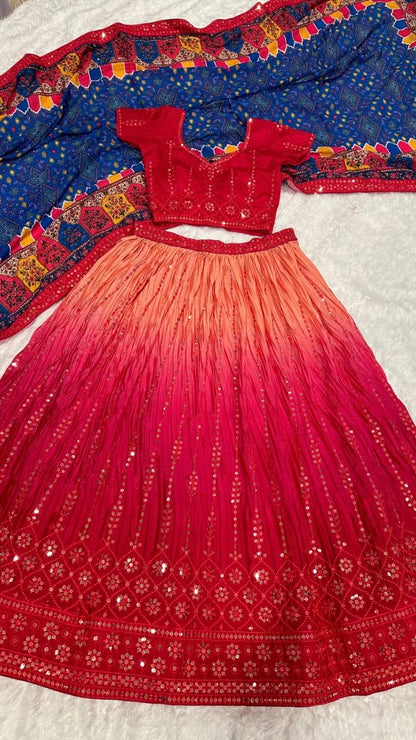 Red chinon silk lehenga ceremonial choli