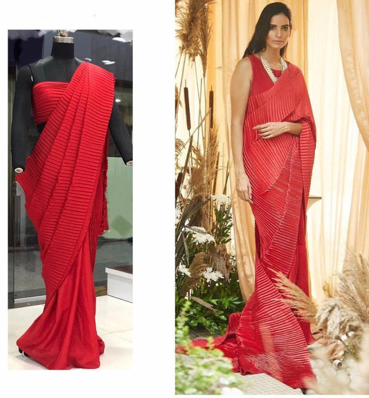 Red chinu pleating work party wear saree