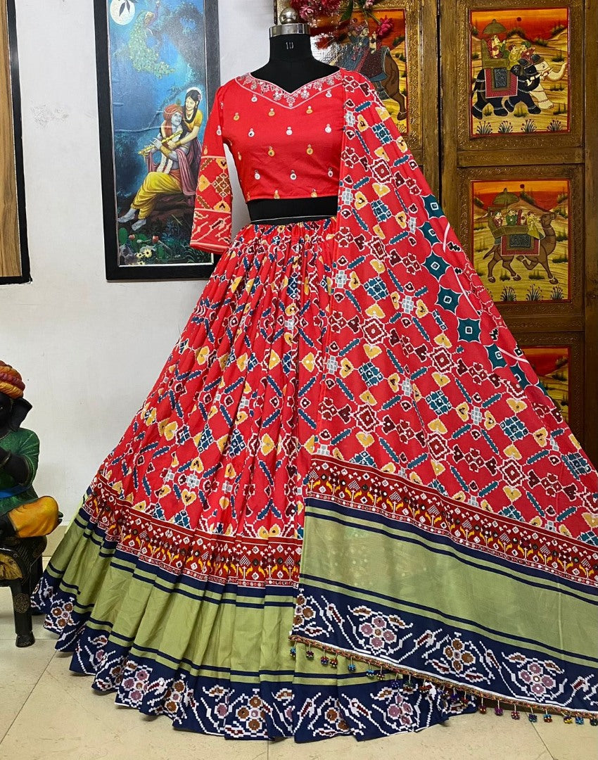 Red cotton print and mirror work gujarati garba navratri lehenga chaniya choli