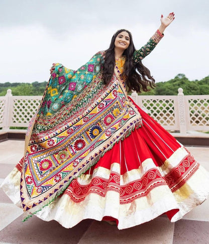 Red cotton print mirror work gujarati garba navratri lehenga chaniya choli