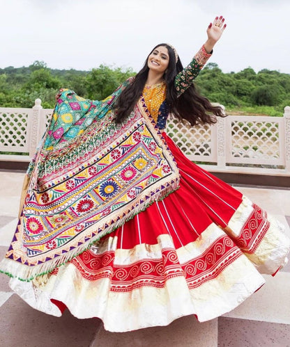 Red cotton print mirror work gujarati garba navratri lehenga chaniya choli