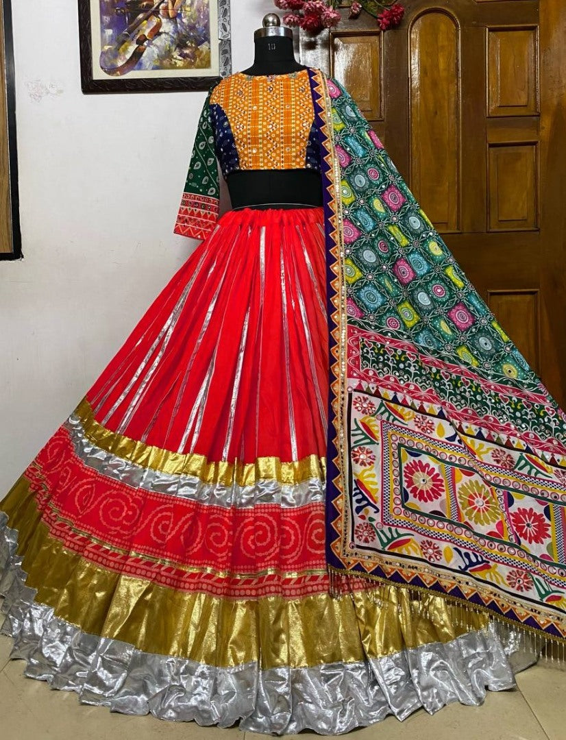 Red cotton print mirror work gujarati garba navratri lehenga chaniya choli