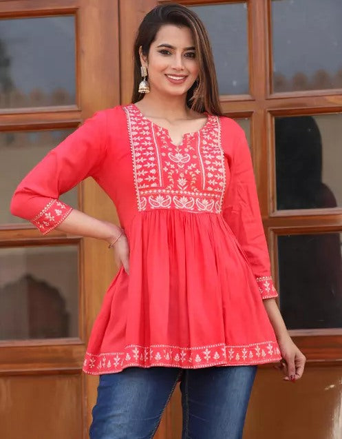 Red cotton printed short kurti