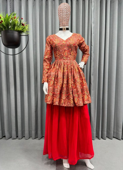 Red crepe printed palazzo suit