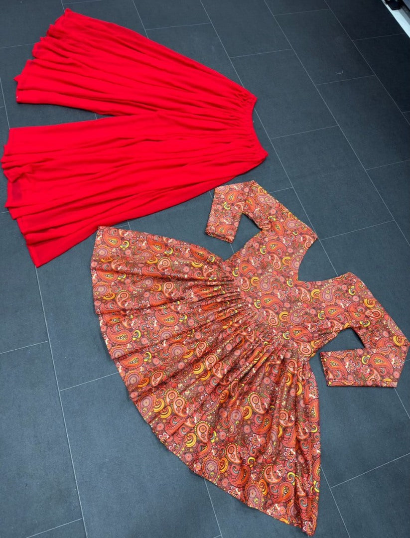 Red crepe printed palazzo suit