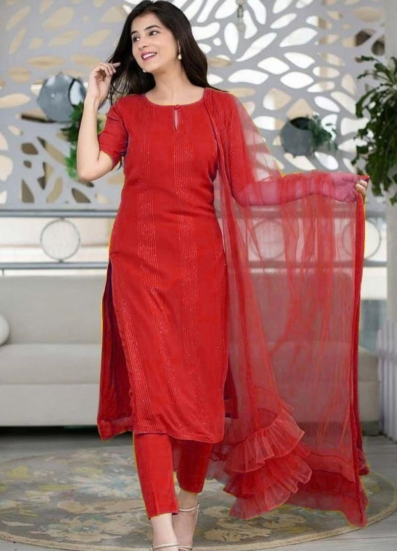 Red crepe silk thread sequence work salwar suit