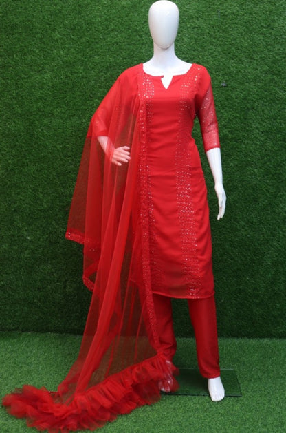 Red crepe silk thread sequence work salwar suit