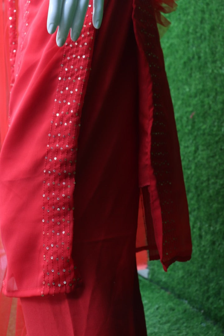 Red crepe silk thread sequence work salwar suit