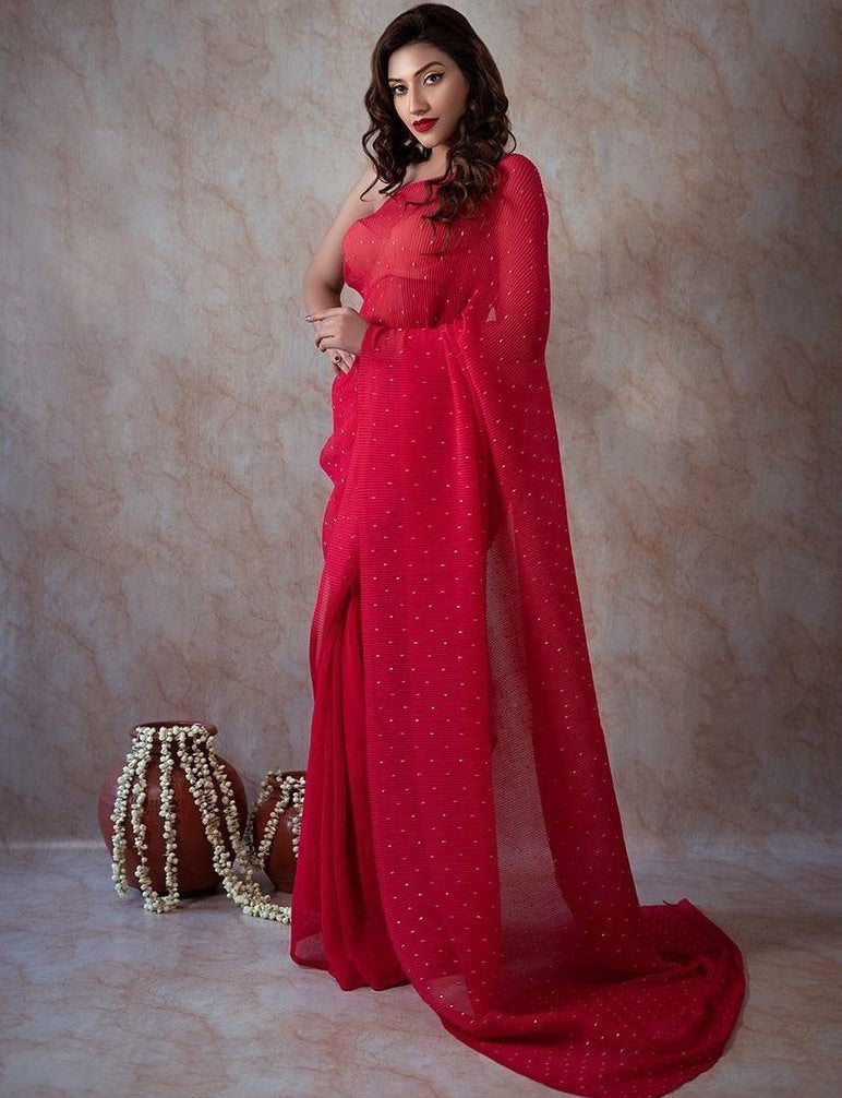 Red crushed georgette khatli handwork designer party wear saree