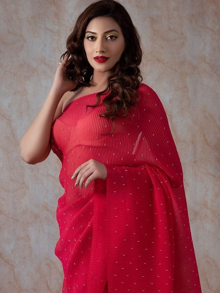Red crushed georgette khatli handwork designer party wear saree
