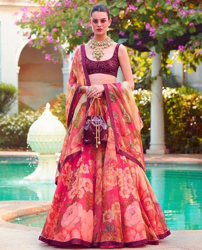 Red digital printed organza wedding lehenga choli