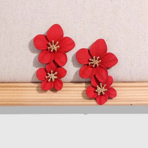 Red Double Flower Earrings