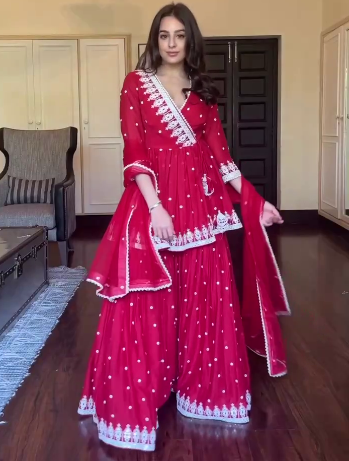 Red embroidery work sharara suit