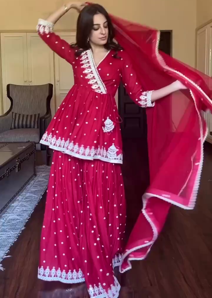 Red embroidery work sharara suit