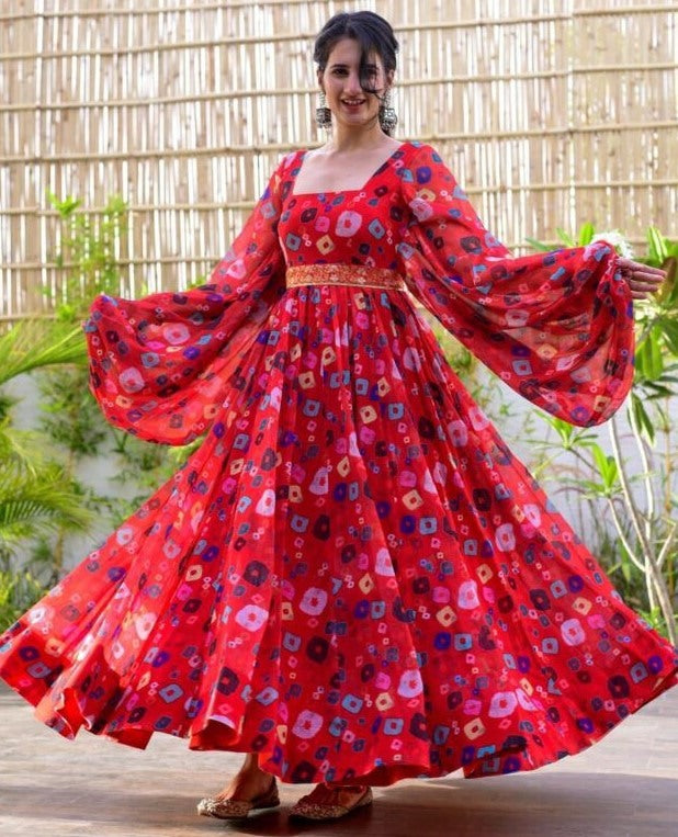 Red georgette digital printed gown