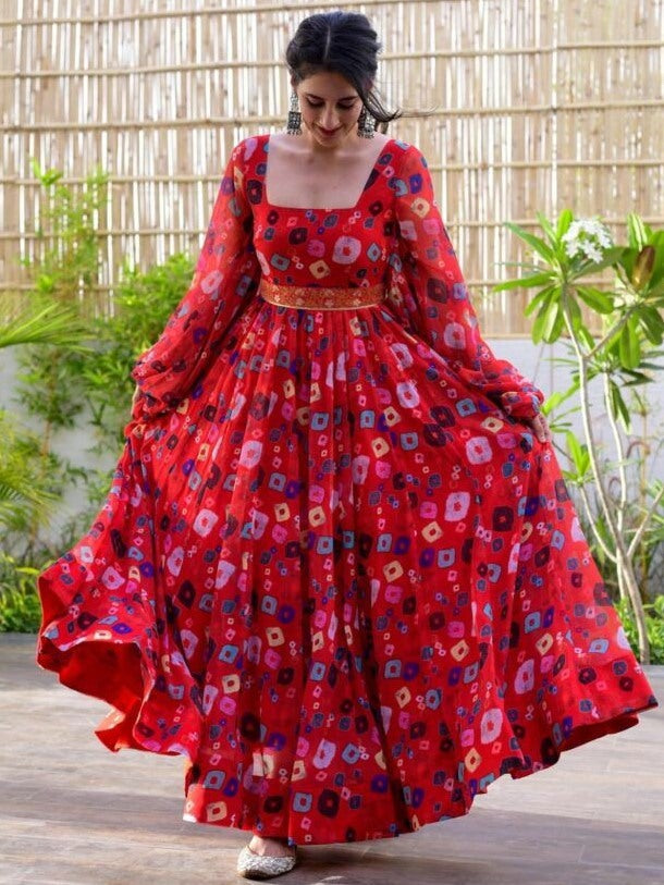 Red georgette digital printed gown