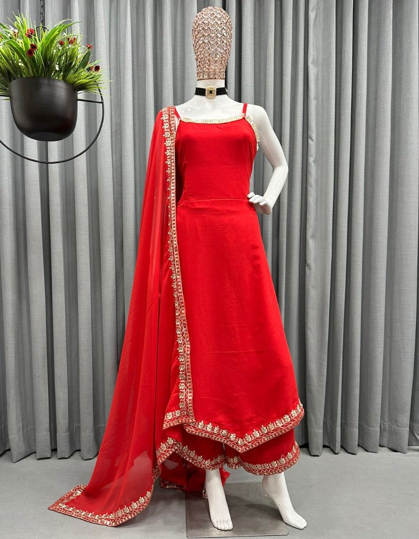 Red georgette embroidered palazzo suit