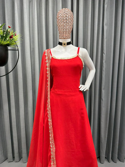 Red georgette embroidered palazzo suit