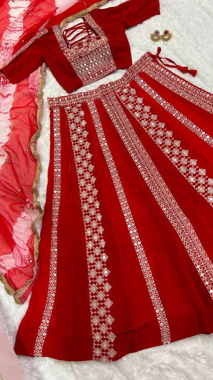 Red georgette embroidery work designer gujarati navratri lehenga chaniya choli