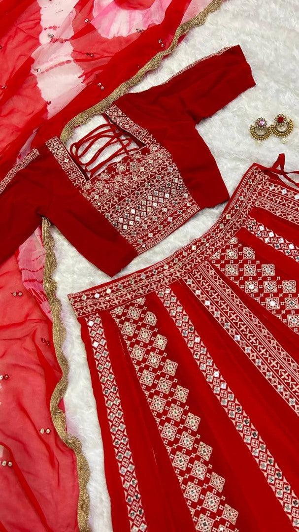 Red georgette embroidery work designer gujarati navratri lehenga chaniya choli