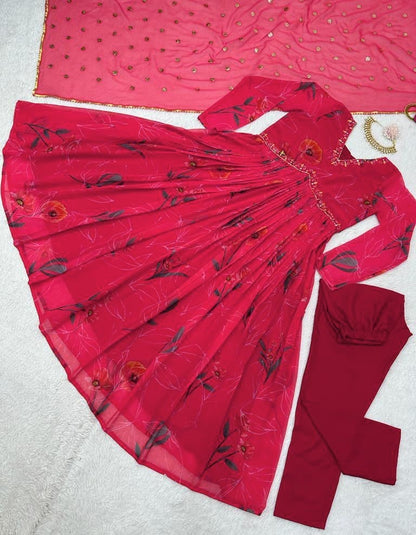 Red georgette floral printed hand work alia cut suit