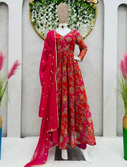 Red georgette floral printed hand work anarkali suit