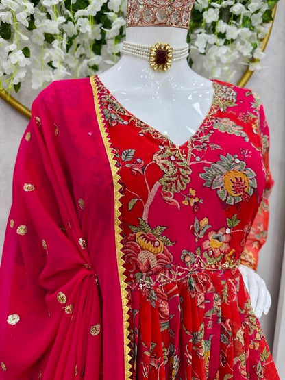 Red georgette floral printed hand work anarkali suit