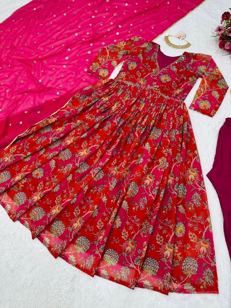 Red georgette floral printed hand work anarkali suit