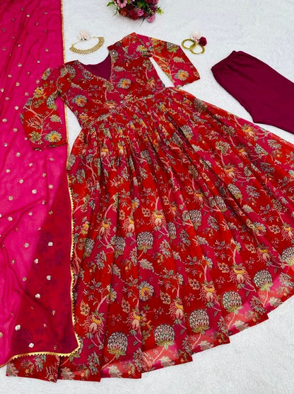 Red georgette floral printed hand work anarkali suit