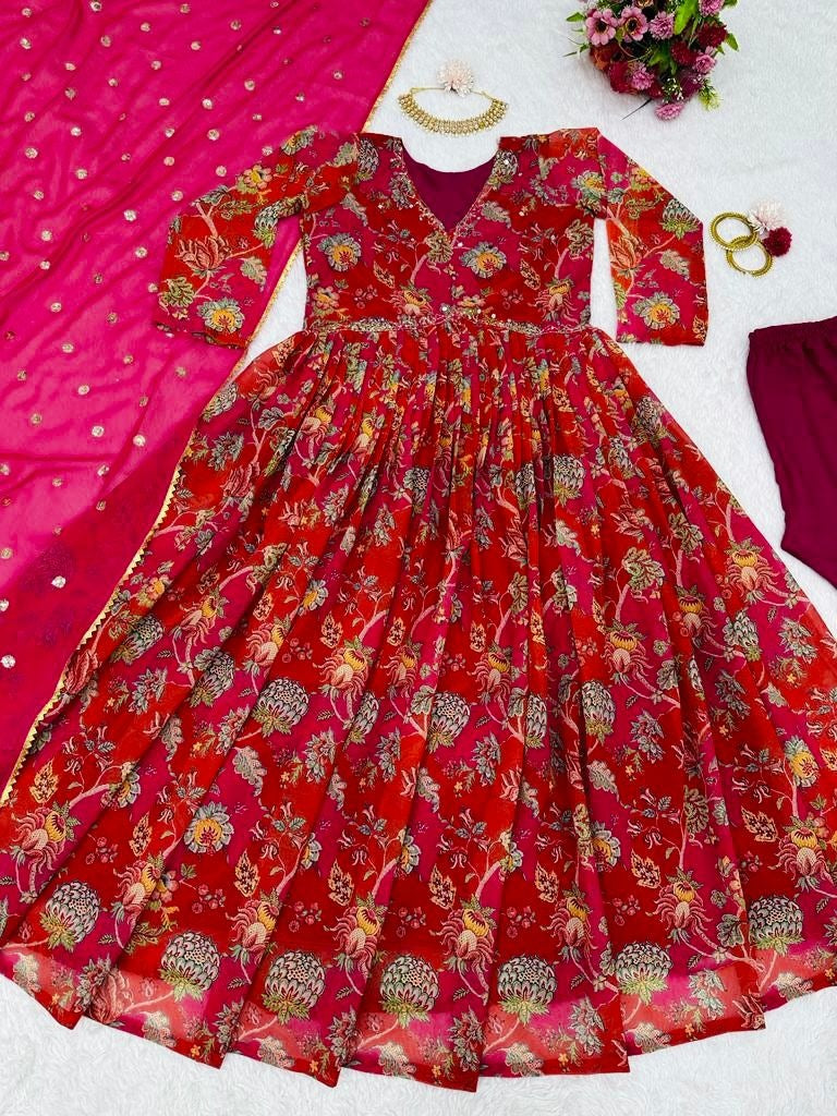 Red georgette floral printed hand work anarkali suit