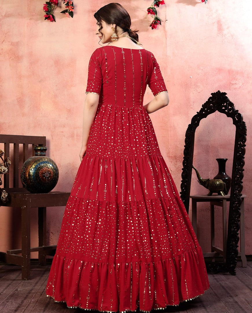 Red georgette golden sequence work party wear gown