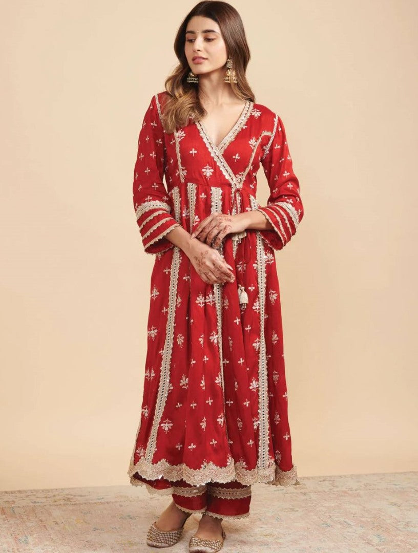 Red georgette heavy embroidery work pant salwar suit