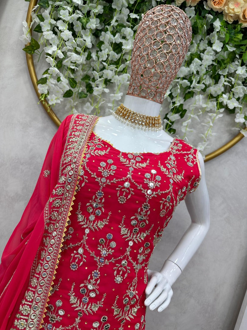 Red georgette heavy work designer palazzo suit for wedding