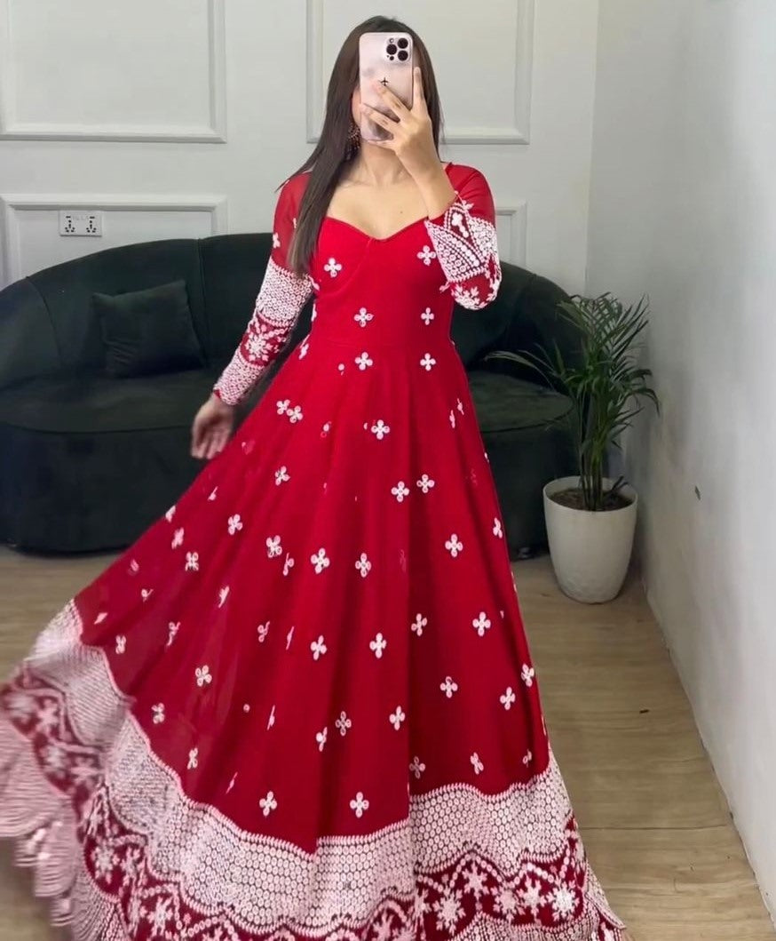 Red georgette heavy work long wedding anarkali gown