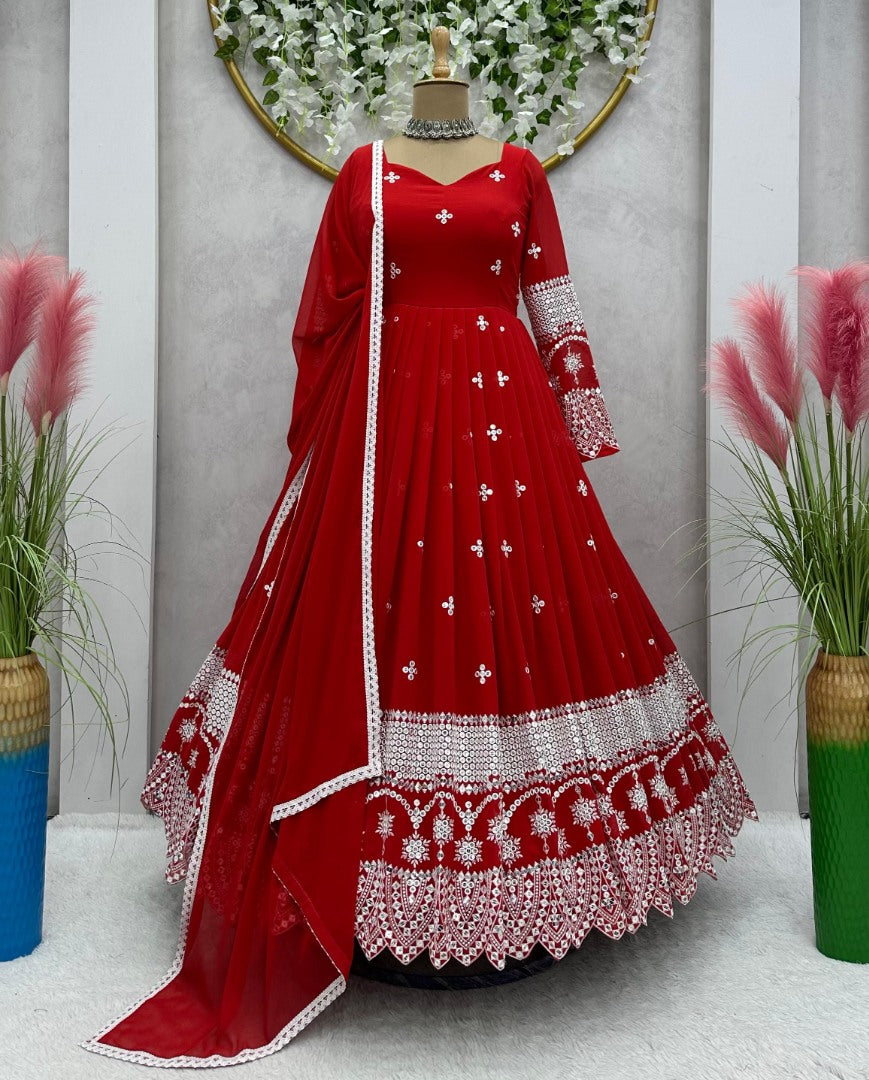 Red georgette heavy work long wedding anarkali gown