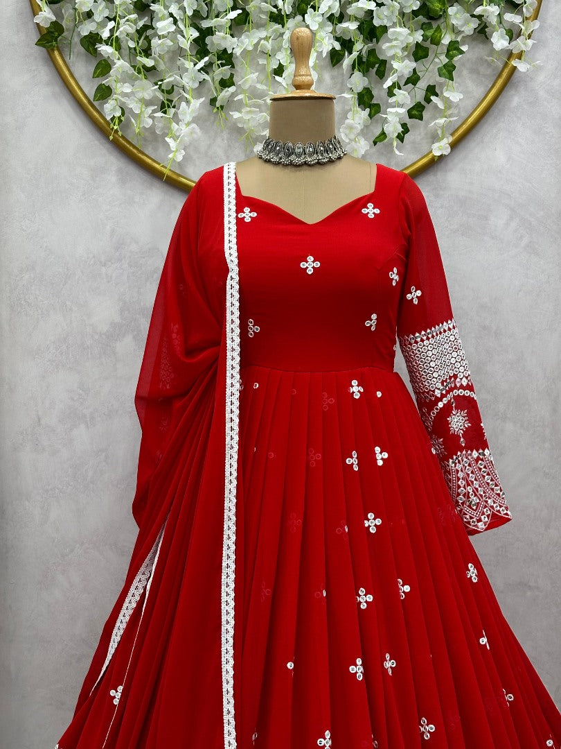 Red georgette heavy work long wedding anarkali gown