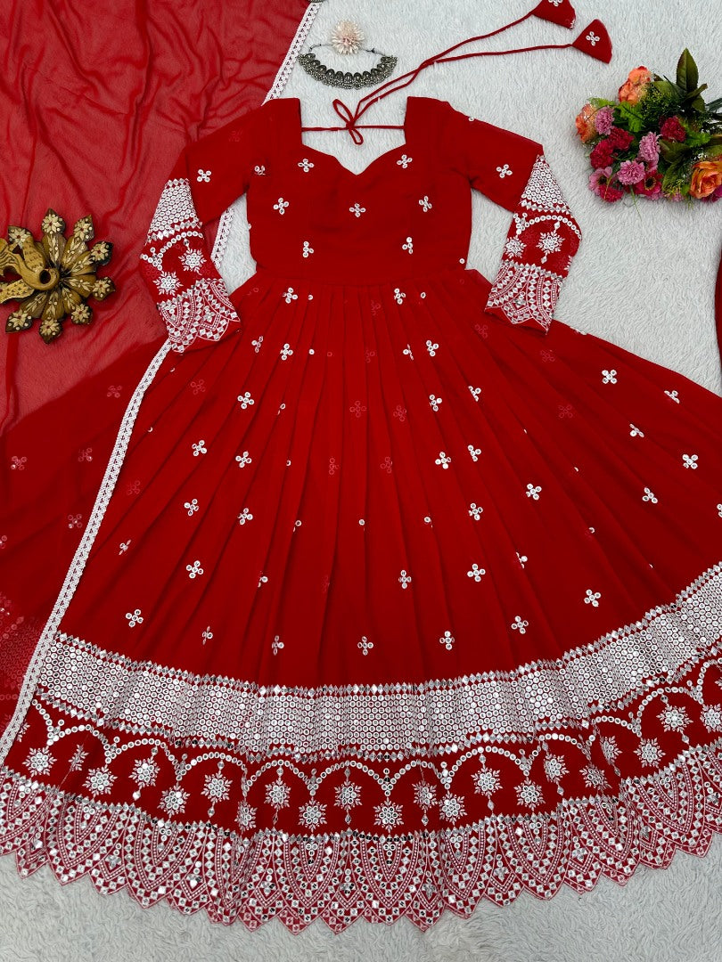 Red georgette heavy work long wedding anarkali gown