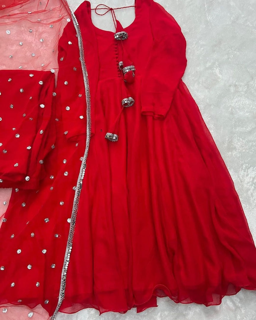 Red georgette plain party wear anarkali suit