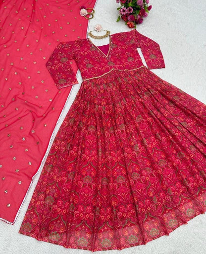 Red georgette print and hand worked alia cut kurti