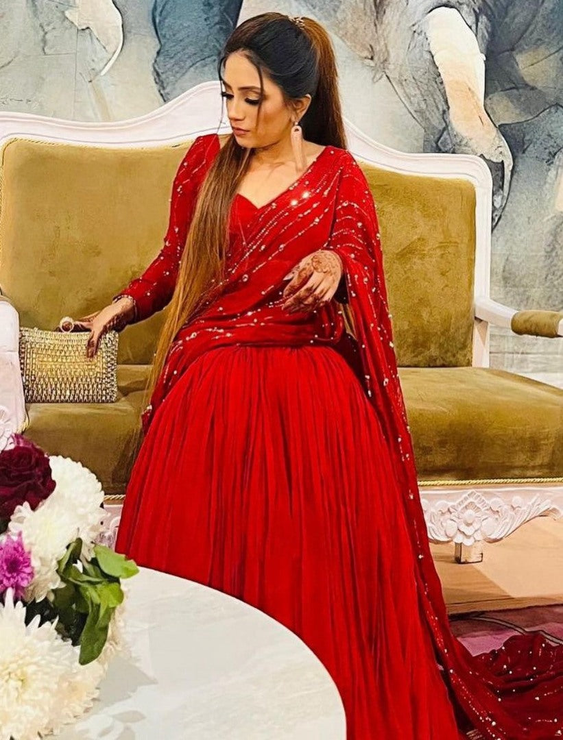Red georgette ready to wear wedding lehenga saree