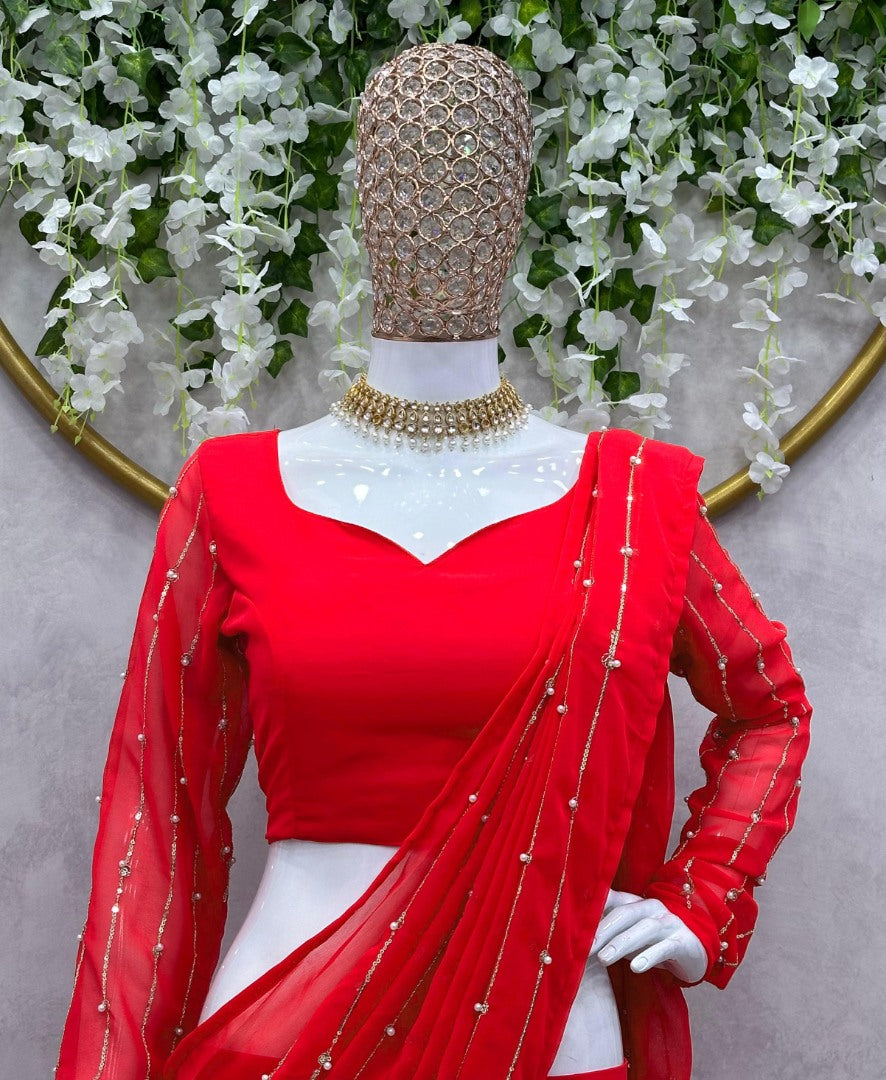 Red georgette ready to wear wedding lehenga saree