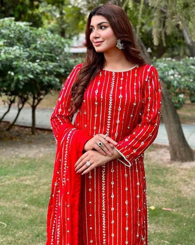 Red georgette sequence work palazzo suit