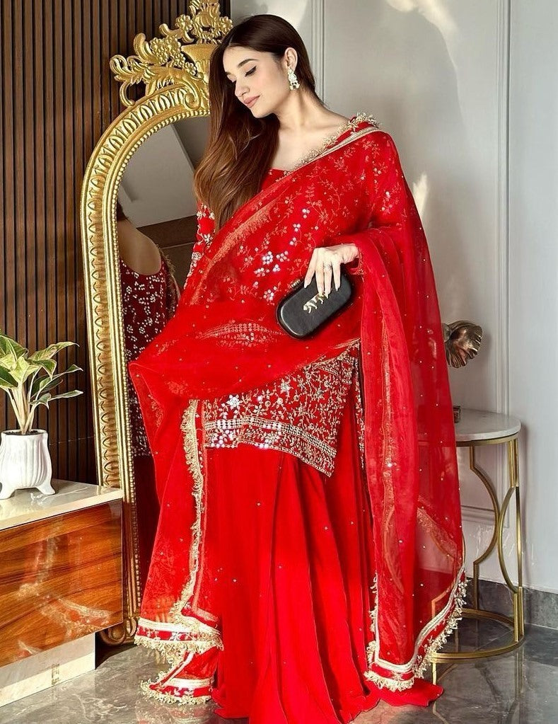 Red georgette sharara suit for wedding