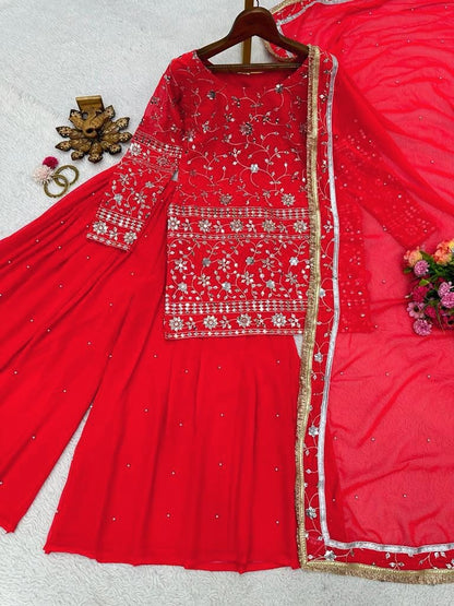 Red georgette sharara suit for wedding