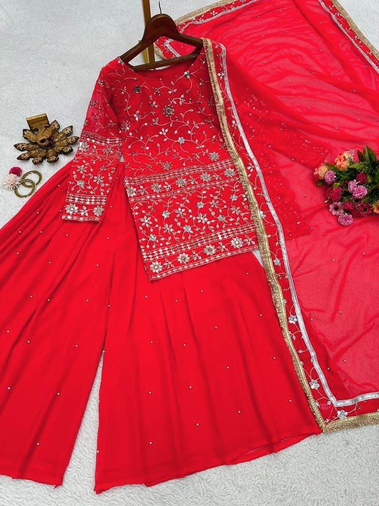 Red georgette sharara suit for wedding